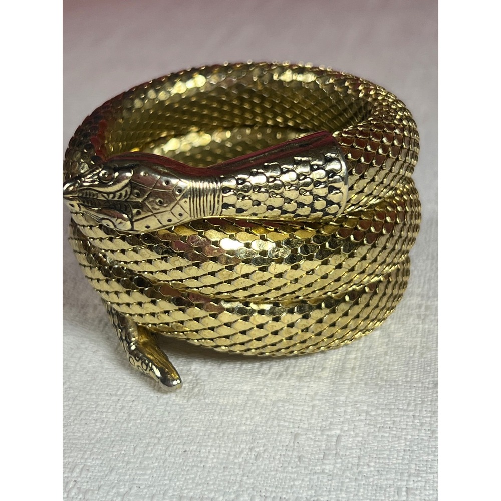 1960s Whiting & Davis Vintage Gold Tone Mesh Snake Coil Wrap Bracelet Serpent